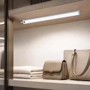 AC hand-sweep dimmable cabinet lamp installed beneath a retail display shelf