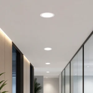 Round adjustable-clip recessed LED panel installed in an office corridor ceiling