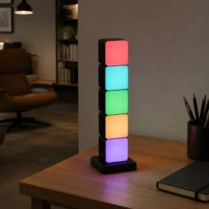 Five-cube RGB modular LED table lamp on an indoor creative-studio desk