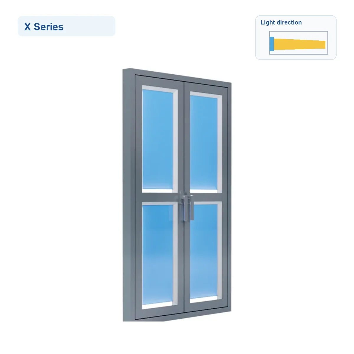 X Series artificial skylight on a white background with catalog light-direction diagram