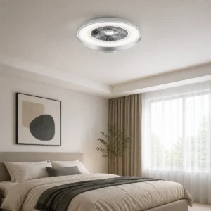 BK323052-3/4 silver-trim ceiling-mount LED fan light with grid installed in a bedroom