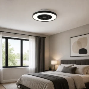 BK323052-7/8 black-trim ceiling-mount LED fan light with grid installed in a bedroom