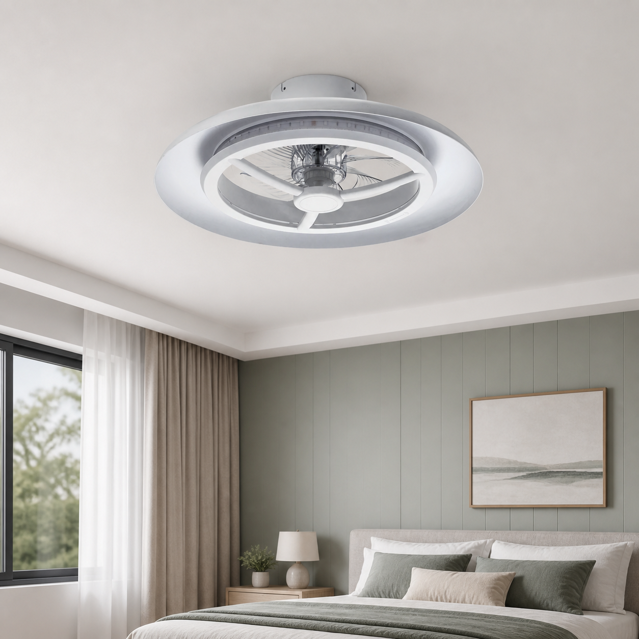 XGYFANCL-BK323116-2-E55 (Colour Ring) ceiling-mount LED fan light without grid installed indoors