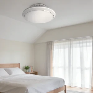 Hidden bladeless ceiling-mount LED fan light installed in a bedroom