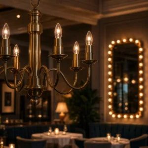 C7 candle bulbs in an indoor chandelier with compact sign bulbs around a decorative mirror
