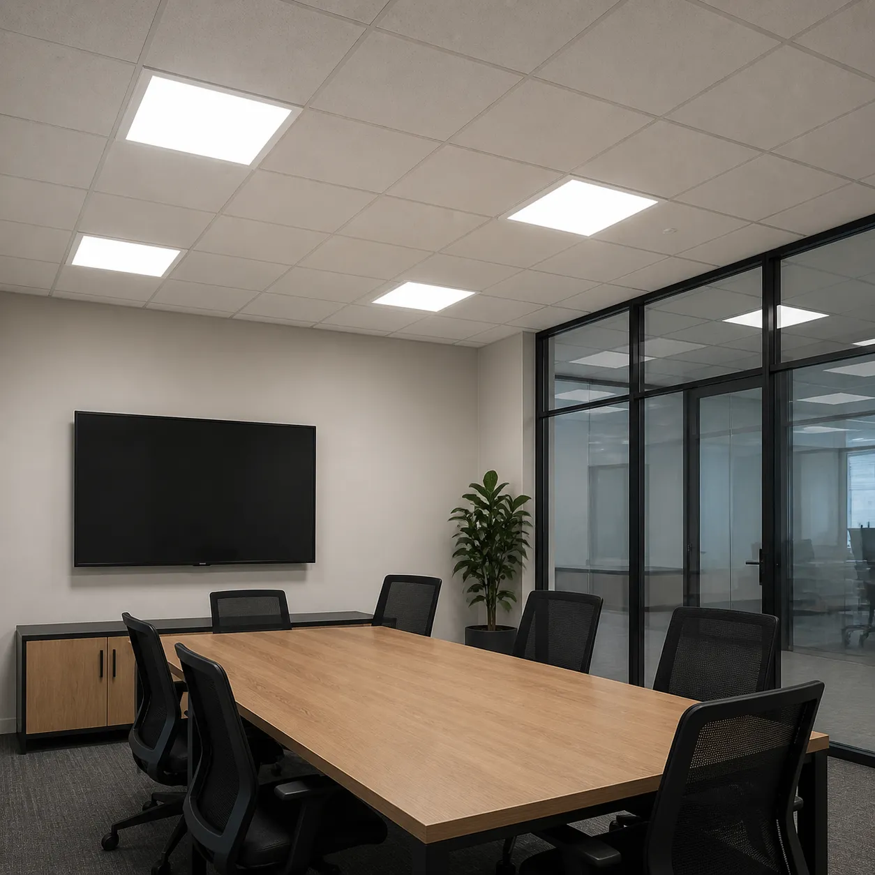 CCT selectable LED panels installed in a meeting room grid ceiling