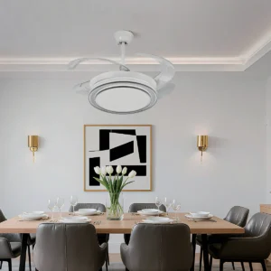 Collapsible-blade ceiling fan light installed above a dining area