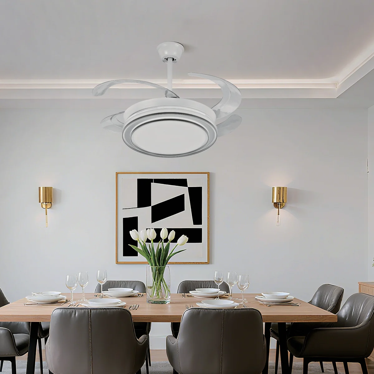 Collapsible-blade ceiling fan light installed above a dining area