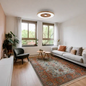 Ceiling-mount LED fan light with grid installed in a living room