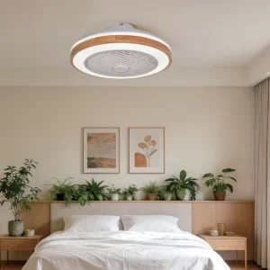 Ceiling-mount RGB LED fan light installed in a bedroom using white light