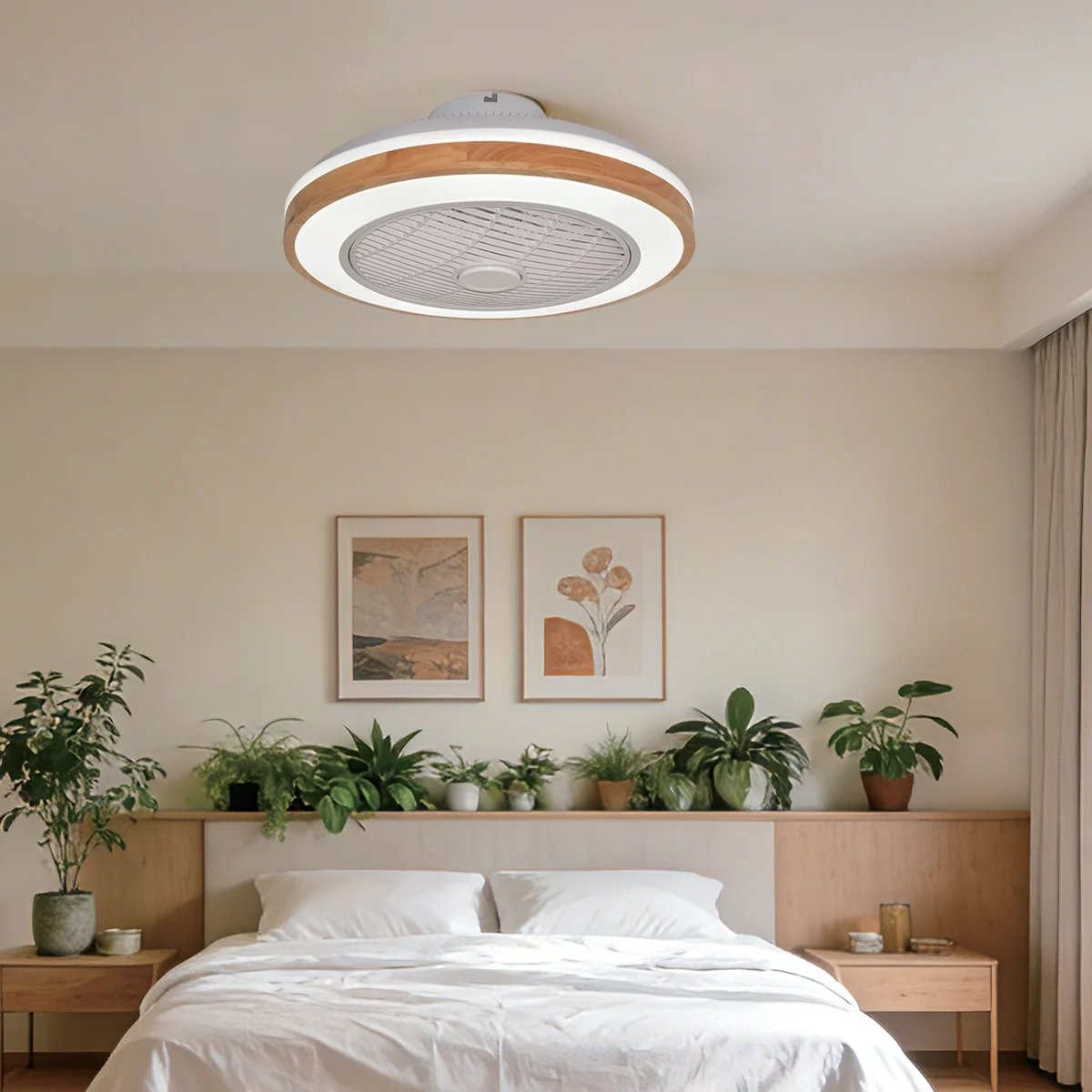 Ceiling-mount RGB LED fan light installed in a bedroom using white light