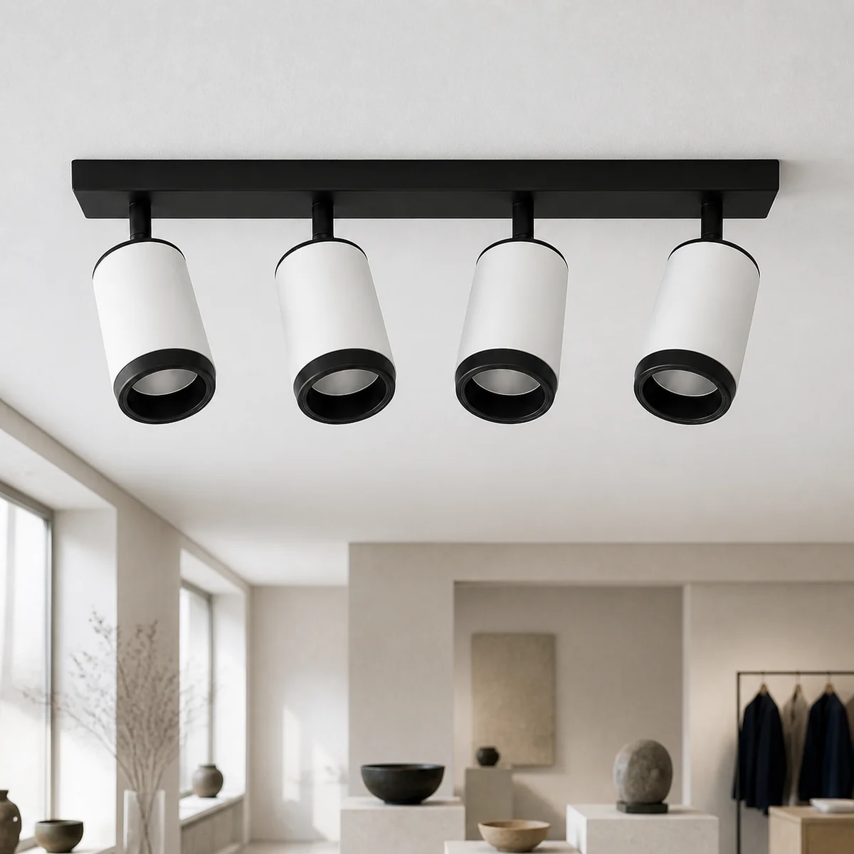 CK008S-4 four-head white cylinder spotlight housing in a dry indoor retail display
