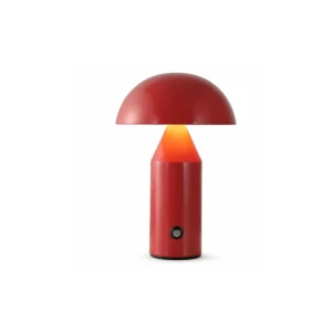 Red compact mushroom cordless LED table lamp on a white background
