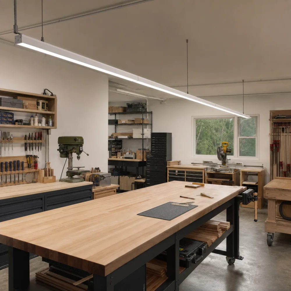 Suspended connectable LED shop lights illuminating workbenches in a dry indoor workshop