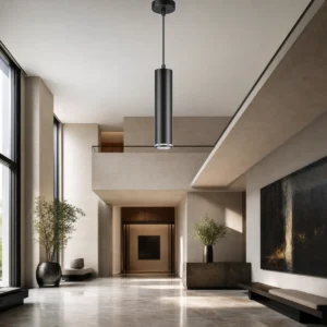 CS109D long cylindrical spotlight housing surface-mounted to a high interior ceiling