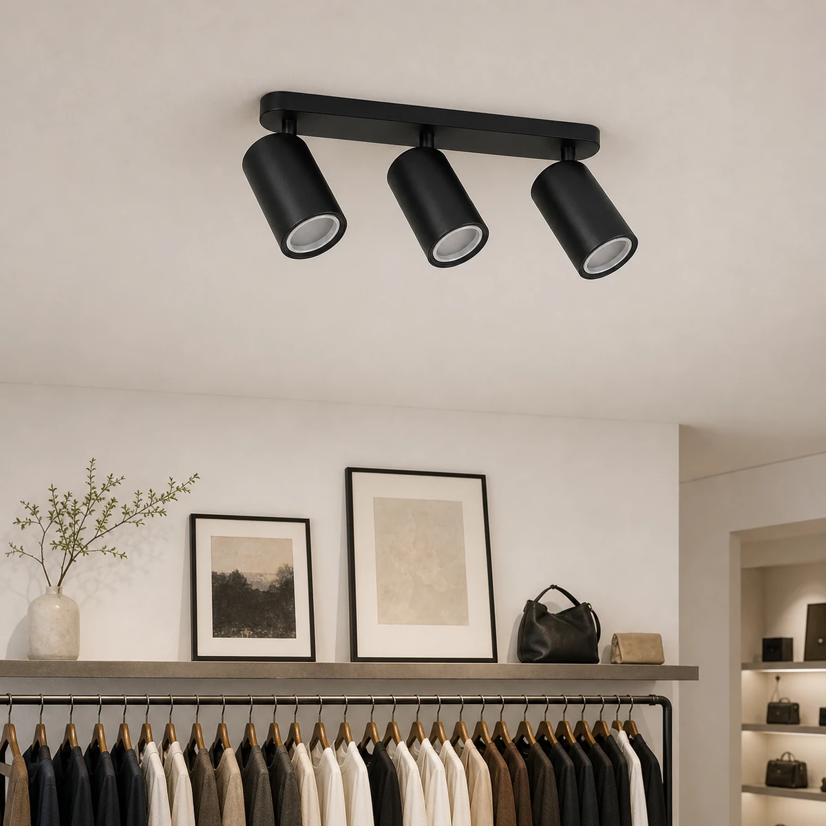 CS51S-3B three-head cylindrical spotlight housing in a dry retail interior