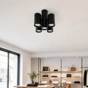 XGYCSL-JLK-CS74-5 five-head clustered cylinder surface-mounted spotlight housing in a retail interior