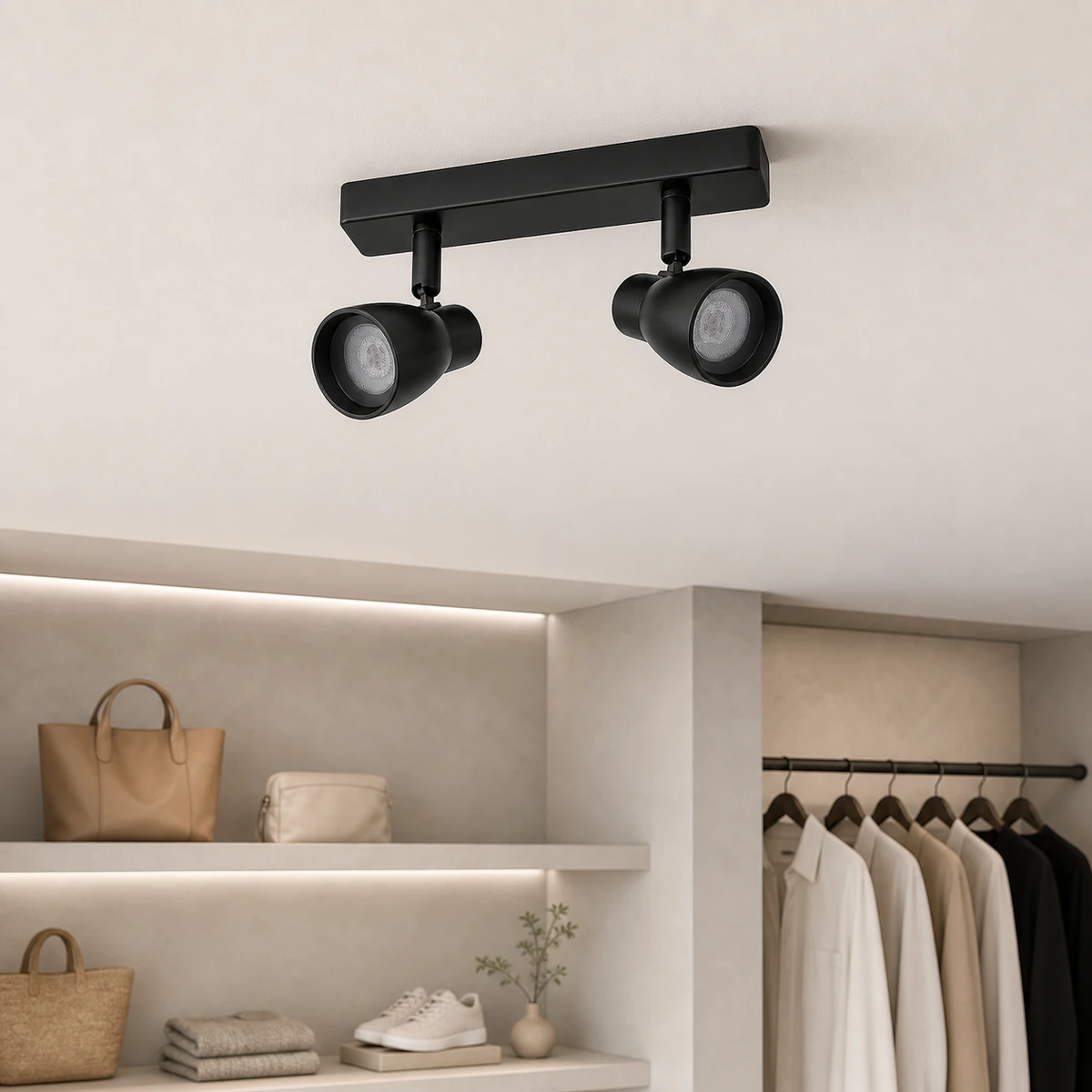 Black dual-head CSL-0RB2H integrated LED spotlight surface-mounted on a retail ceiling