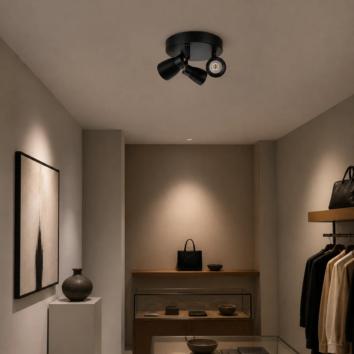 CSL-CB3H round three-head integrated LED spotlight mounted flush to an indoor retail ceiling