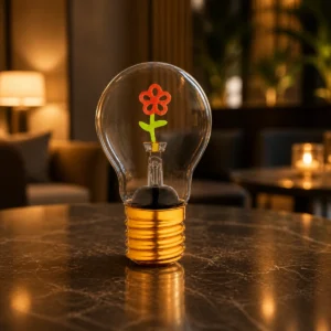 Rechargeable flower-filament bulb displayed on an indoor tabletop