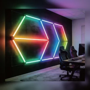 Wired DMX RGB LED tubes arranged as colored feature-wall lines