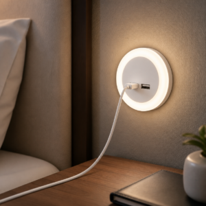 Dual USB night light installed beside a bed with one cable connected