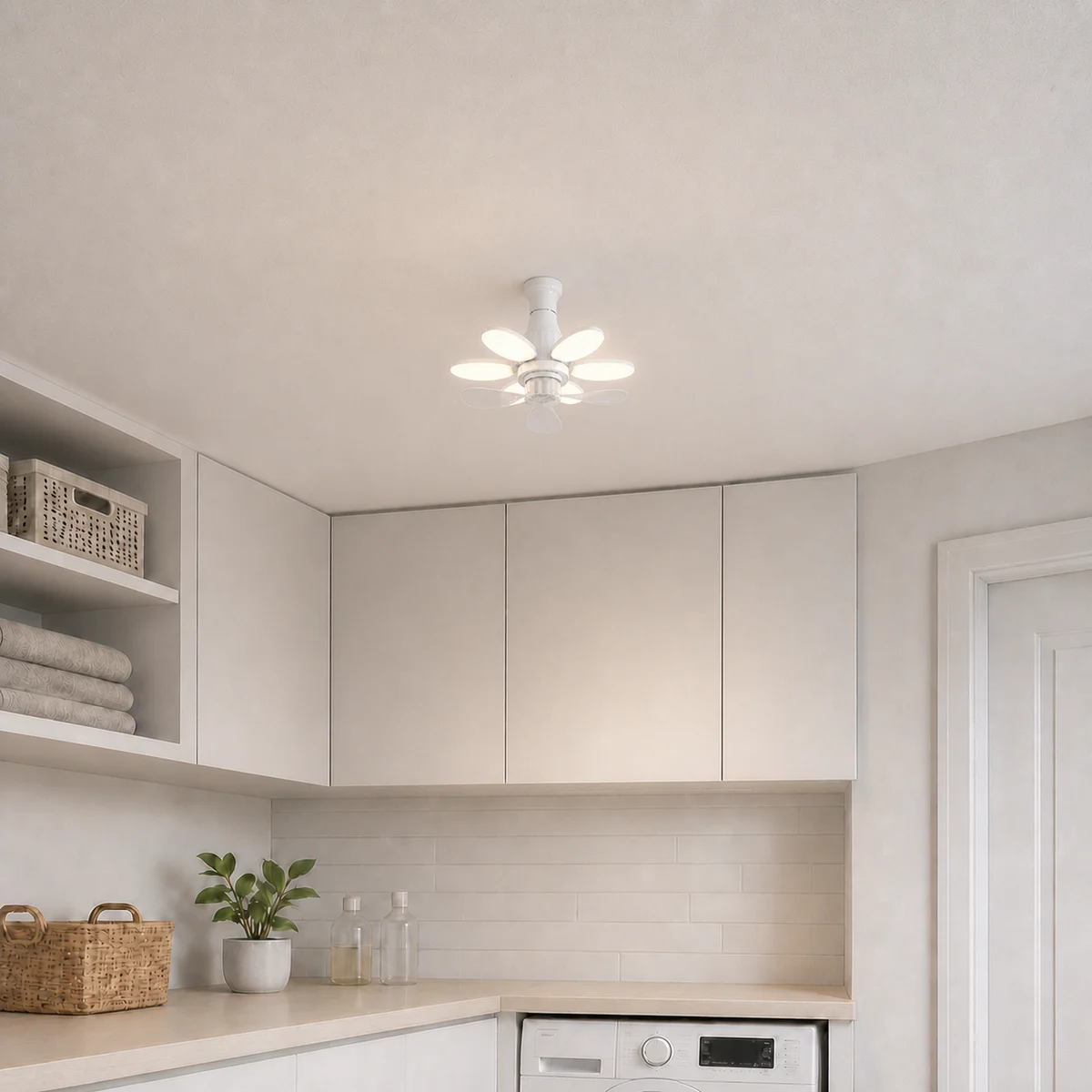 folding-blade LED fan light installed in a protected indoor utility room