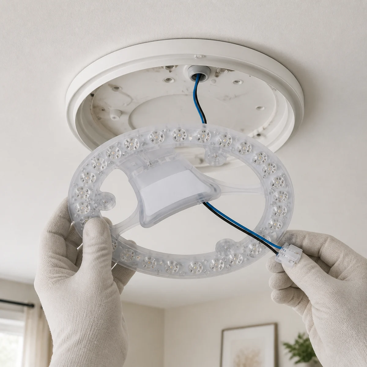 Gloved installer fitting an MA02 open-ring LED module inside a compatible round ceiling light housing