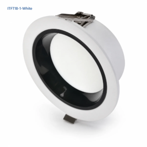 Fixed recessed diffuser downlight with white outer trim and covered luminous face