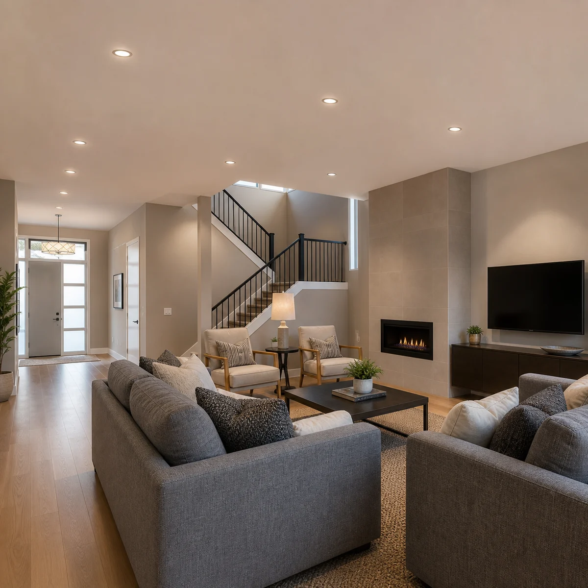 Fixed recessed diffuser downlights installed in an indoor living area ceiling
