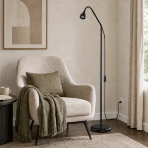 FL1H flexible-gooseneck LED floor task light beside a reading chair