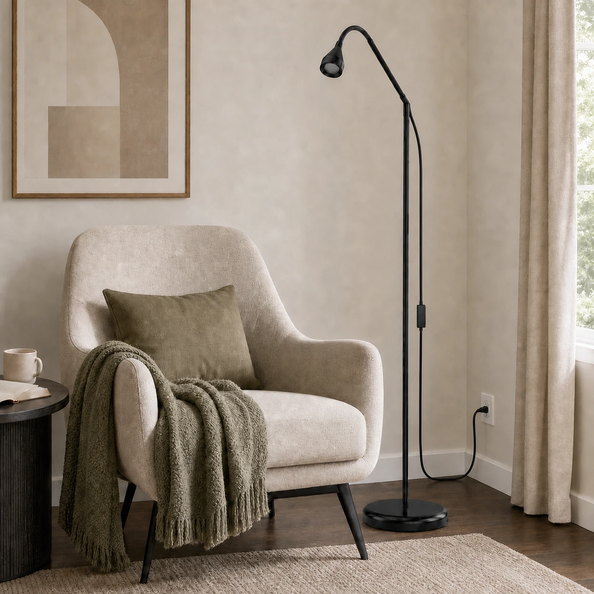 FL1H flexible-gooseneck LED floor task light beside a reading chair