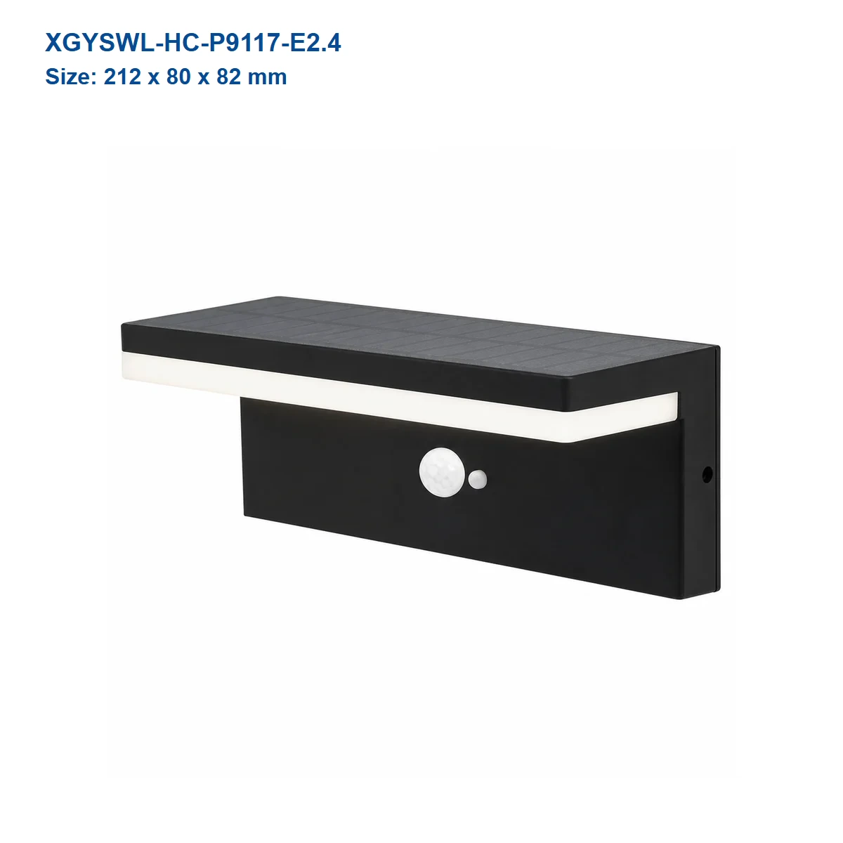 XGYSWL-HC-P9117-E2.4 horizontal edge-lit solar wall light, 212 x 80 x 82 mm