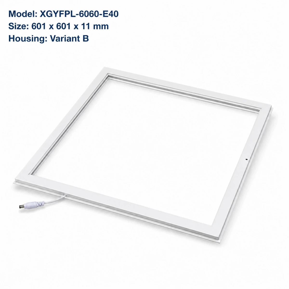 White open-center LED frame panel, Variant B: 601 x 601 x 11 mm