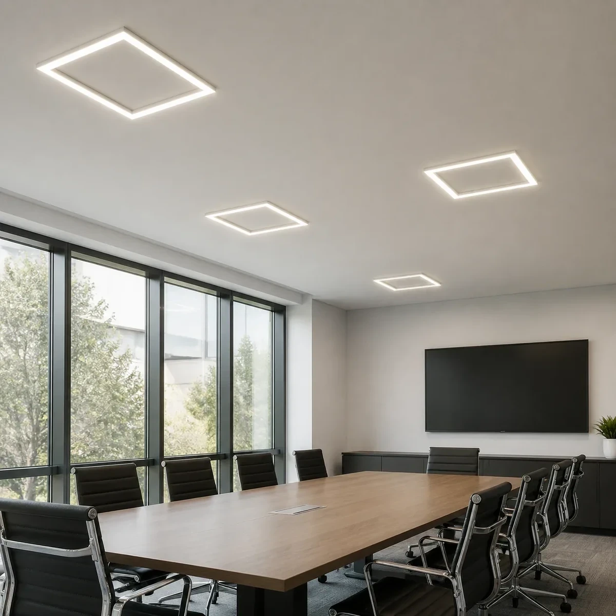 White open-center LED frame panels installed in a conference room ceiling