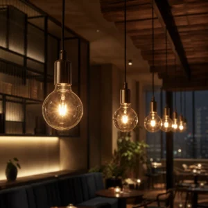G95 clear incandescent globe bulbs in compatible indoor hospitality pendant fixtures