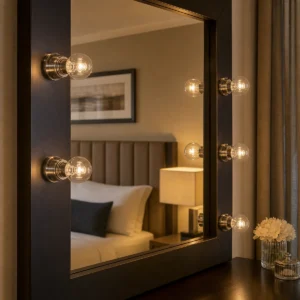 Clear G45 halogen globe bulbs installed in holders around an indoor vanity mirror