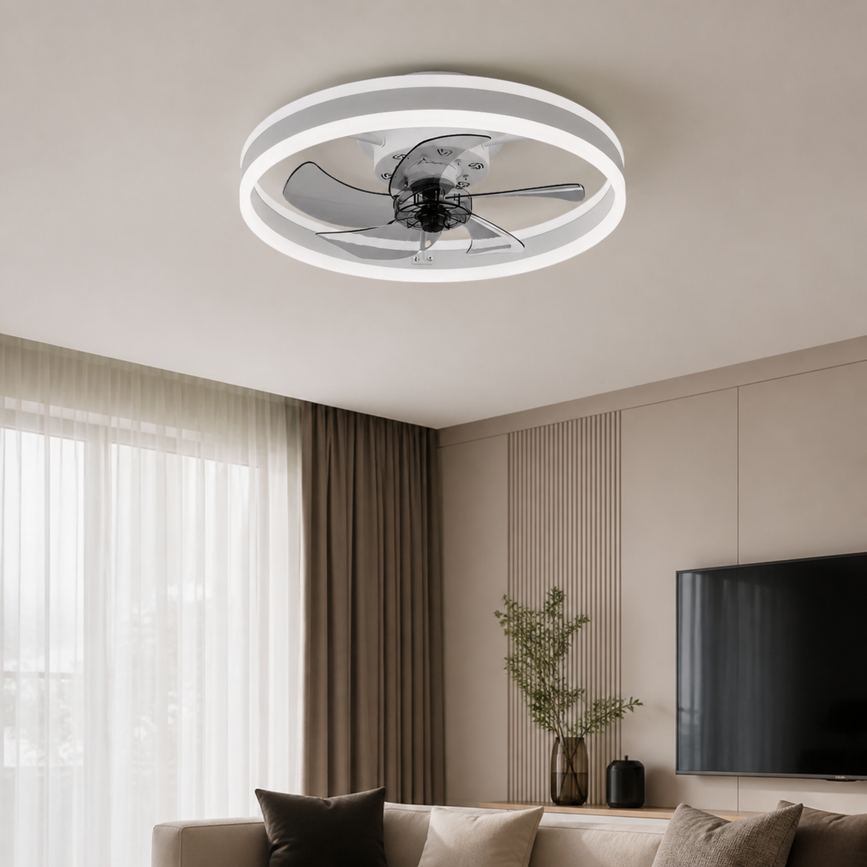 XGYFANCL-GJ22005-E62 ceiling-mount LED fan light without grid installed indoors
