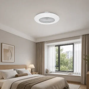 GJ23053 faceted white ceiling-mount LED fan light with grid installed in a bedroom