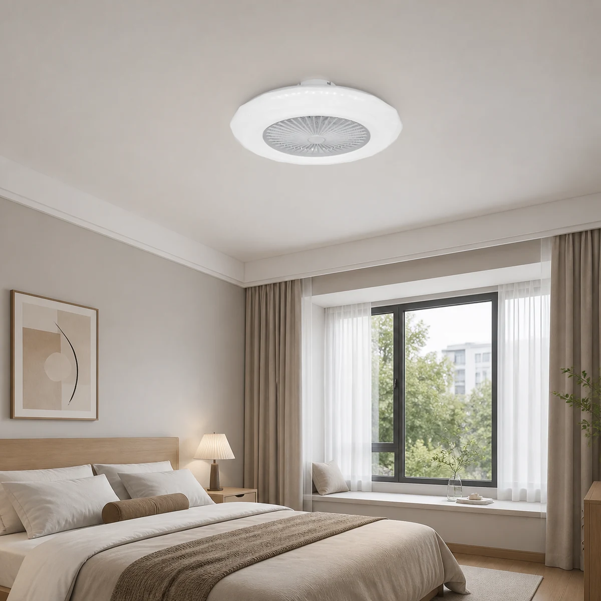 GJ23053 faceted white ceiling-mount LED fan light with grid installed in a bedroom
