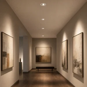 GU10 recessed fixture rings installed flush in an art gallery corridor ceiling