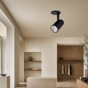 Black CK001 surface-mounted spotlight housing installed unlit on a dry indoor ceiling