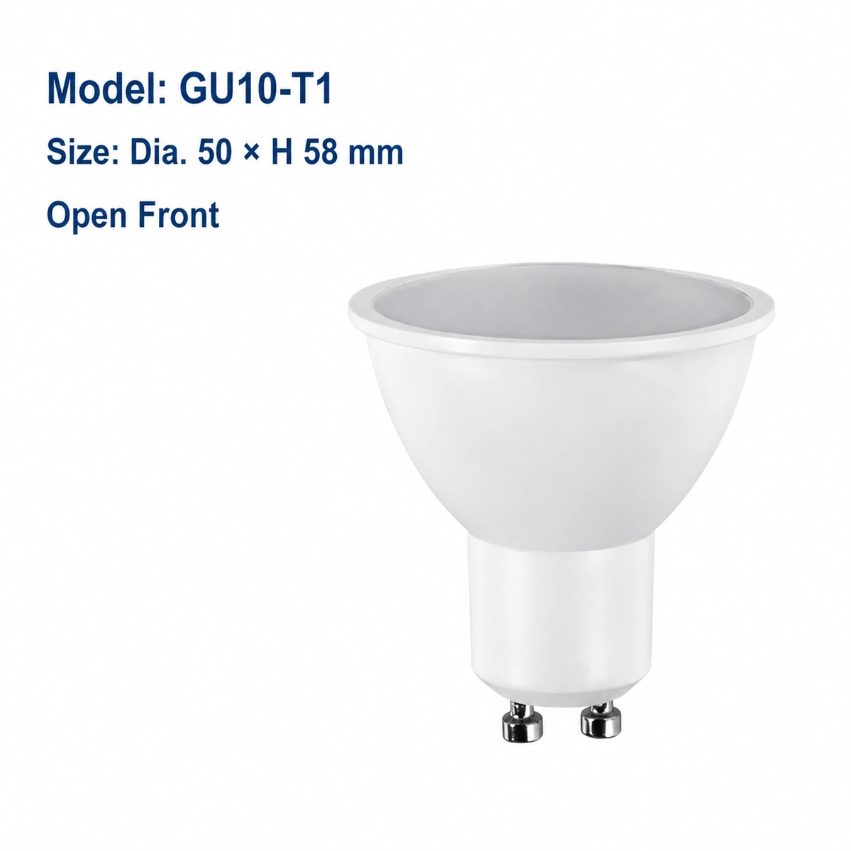 GU10-T1 GU10 LED spot bulb, 50 millimeters diameter by 58 millimeters high, open front