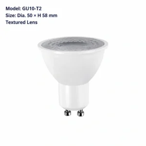 GU10-T2 GU10 LED spot bulb, 50 millimeters diameter by 58 millimeters high, textured lens