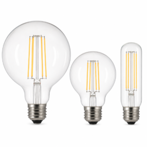 High Power LED Filament Bulbs in ED and T-Series Shapes on White Background
