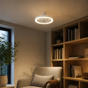 fixed-base E27 LED fan light installed in a protected indoor reading area