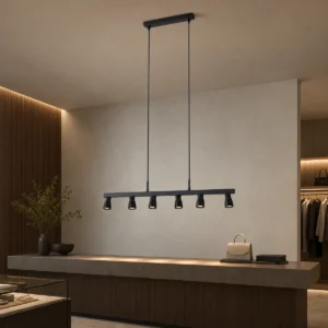 HSL-RB6H six-head integrated LED spotlight suspended above an indoor retail counter