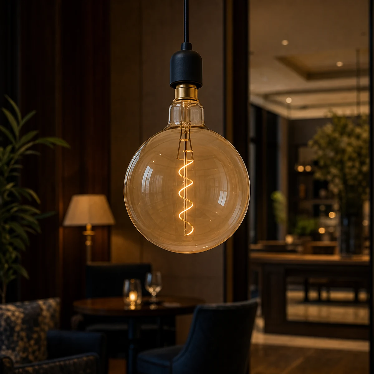 Huge LED filament bulb installed in a decorative pendant setting