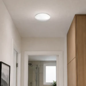 Round IP54 flush-mount LED ceiling lamp installed in an indoor corridor