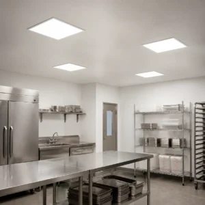 Square IP65 backlit LED panels installed in an indoor commercial preparation room ceiling